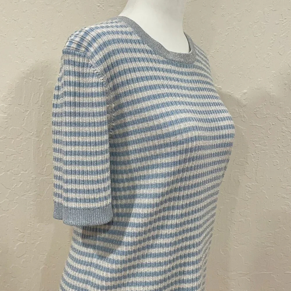 ~ Brooks Brothers XL Sweater Short Sleeved Striped Metallic Ribbed Knit Lt Blue